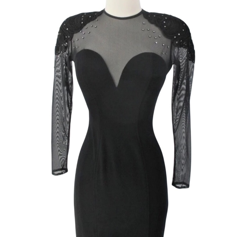 Tadashi Saks Maxi Gown Womens Black Mesh Rhinestone Vintage Glam 80s Bombshell M